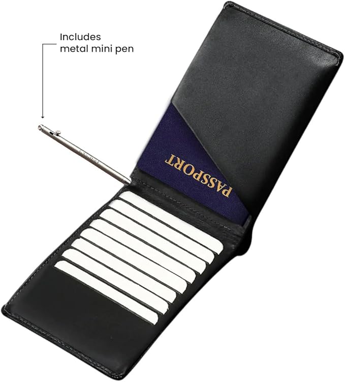 Leather Travel Wallet RFID - Slim Passport Holder for Men & Women - Fits Passport, Cards, SIMs, Pen & Boarding Pass - Secure Travel Document Organizer (Black)