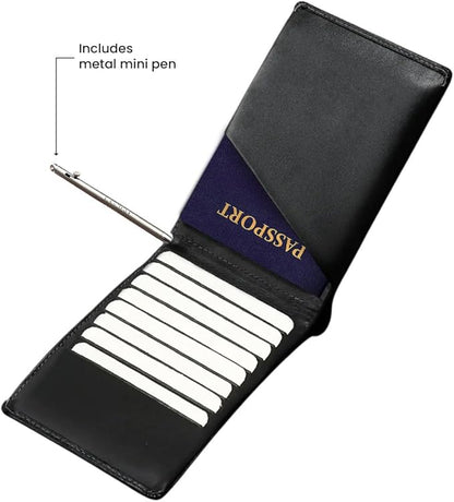 Leather Travel Wallet RFID - Slim Passport Holder for Men & Women - Fits Passport, Cards, SIMs, Pen & Boarding Pass - Secure Travel Document Organizer (Black)