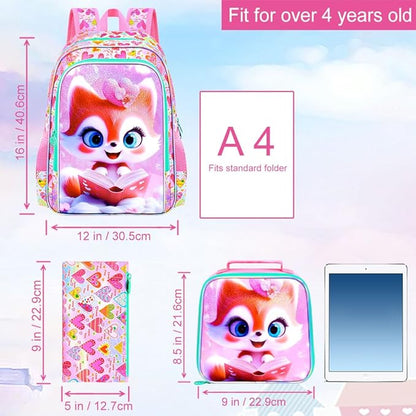 WZLVO 3PCS Girls Fox Backpack Set, 16" Glittery UV Printing Kids Bookbag/School Bag with Lunch Box & Pencil Bag for Preschool to Elementary - Reading Fox Pink