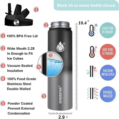 Insulated Water Bottle 24 oz with Straw, Stainless Steel Wide Mouth Water Bottle, Double Wall Vacuum Leak Proof with Straw Lid & Spout Lid for Sports or Office, Keep Cold or Hot Up to 24 Hrs