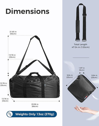 pack all 65L Foldable Travel Duffel Bag, Packable Weekender Bag with Shoe Compartment, Water-Resistant Gym Bag with Adjustable Strap for Overnight, Sports and Camping (Black)