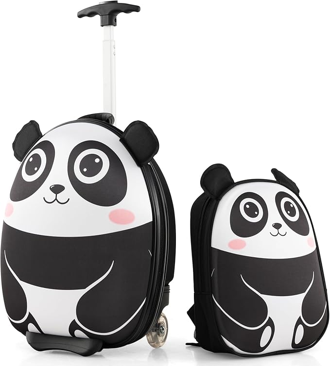 HONEY JOY Kids Luggage, 12” Children Hardshell Backpack & 16” Toddler Travel Rolling Suitcase, 2 Pcs Lightweight Carry On Luggage Set, Kids Luggage with Wheels for Girls & Boys(Black Panda)