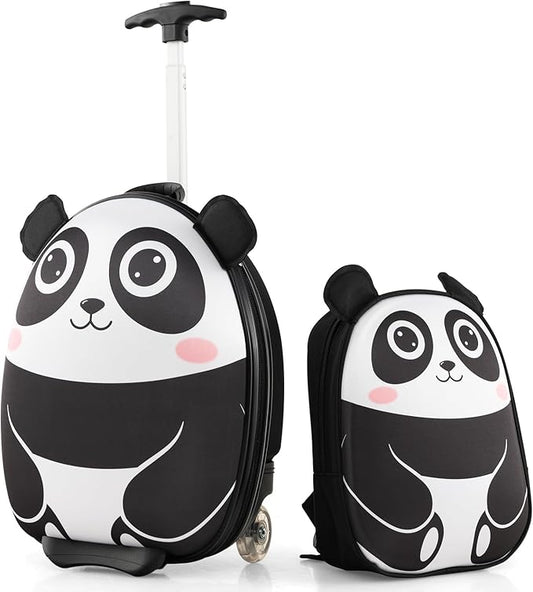 HONEY JOY Kids Luggage, 12” Children Hardshell Backpack & 16” Toddler Travel Rolling Suitcase, 2 Pcs Lightweight Carry On Luggage Set, Kids Luggage with Wheels for Girls & Boys(Black Panda)