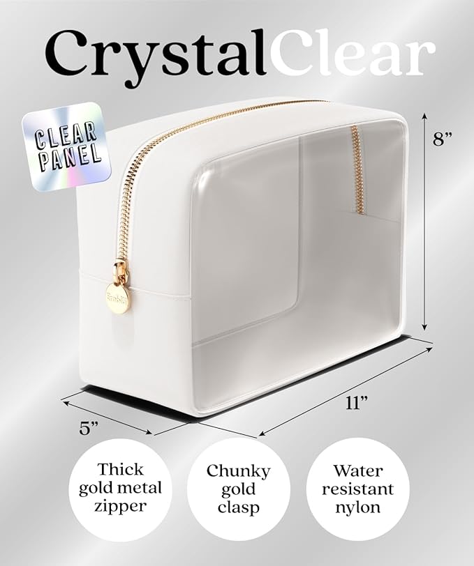 Embla Clear Cosmetic Bag Makeup Case, Clear Zipper Make Up Pouch and Toiletry Travel Tote, Cute Skincare Pouches for Women Girls, Preppy Purse Cosmetic Organizer, Large Makeup Bags, White