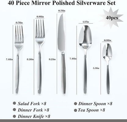 40-Piece Silverware Set,Stainless Steel Flatware Utensils Cutlery Set for 8,Including Steak Knife Fork and Spoon,Dishwasher Safe,Modern Tableware for Home & Dining