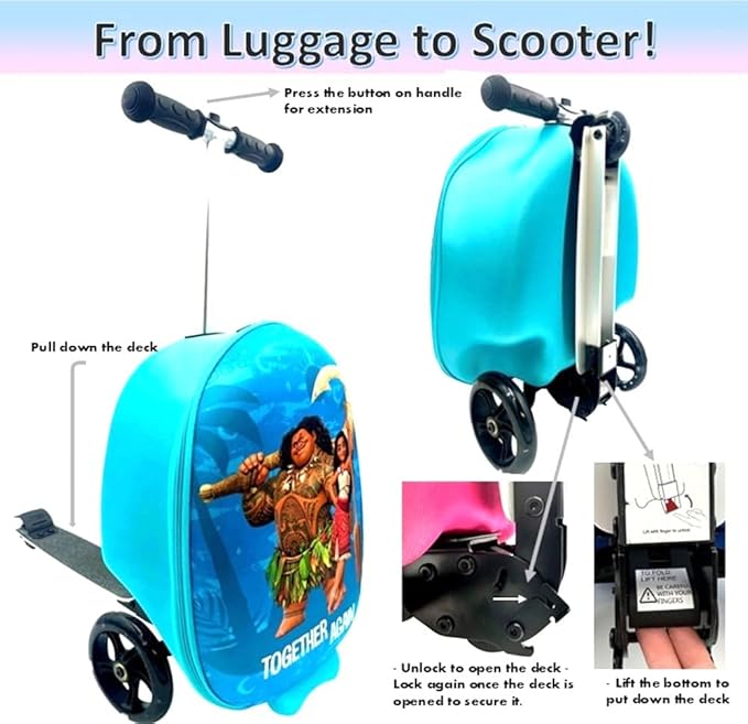 Fast Forward Kid’s Licensed 18" Ride-On Suitcase Scooter - Lightweight Carry-On Foldable Scooter Luggage