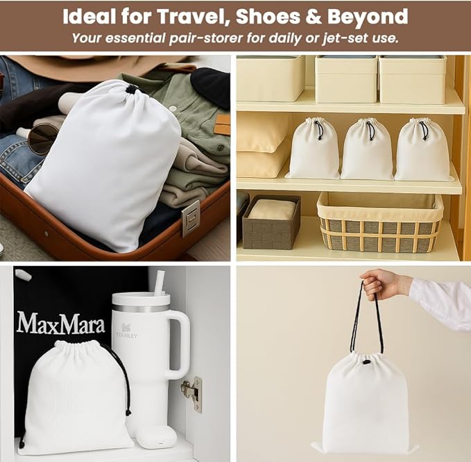 LFH Cotton Rich Shoe Storage Bags with Drawstring, Dustproof Breathable Reusable Organizer, Perfect For Travel, Dorm, Hotel, College, Gym, Easy to Carry, Machine Washable 12"x17" (Pack of 6) - White