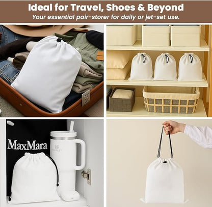 LFH Cotton Rich Shoe Storage Bags with Drawstring, Dustproof Breathable Reusable Organizer, Perfect For Travel, Dorm, Hotel, College, Gym, Easy to Carry, Machine Washable 12"x17" (Pack of 6) - White