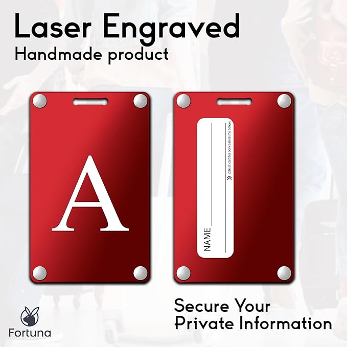 Premium 3-Layer Aluminum Luggage Tags by Fortuna - Easy to Claim, Laser-Engraved, Plastic-Free, and Eco-Friendly Luggage Tag Holders, 2-Pack, Red (A)