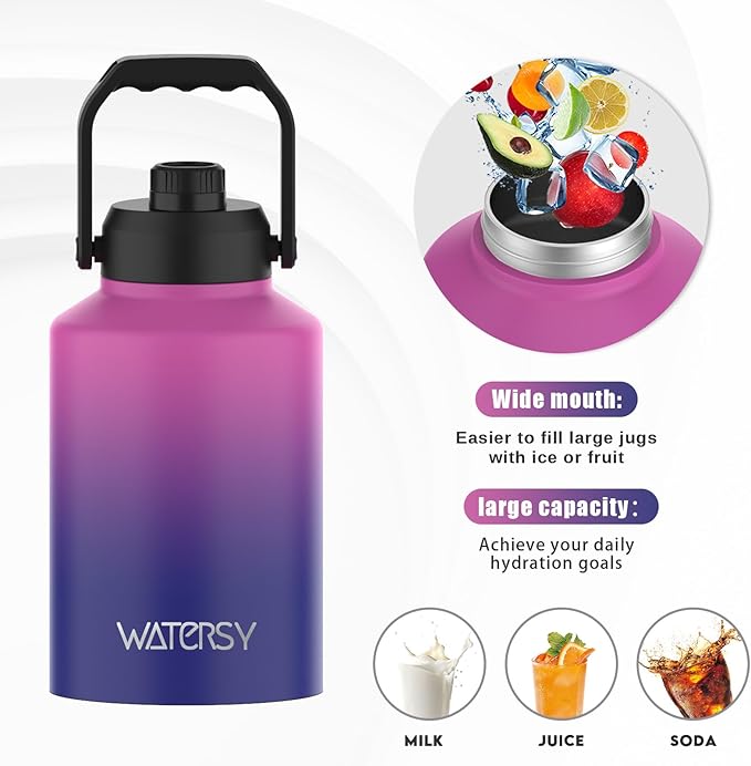 WATERSY Half Gallon Water Bottle Insulated(Cold for 48 Hrs),BPA Free&Leak Proof,64oz Stainless Steel Water Jug/Flask,Big thermo,Large Water Bottle with Handle for Gym,Hiking,Camping,Gradient Purple