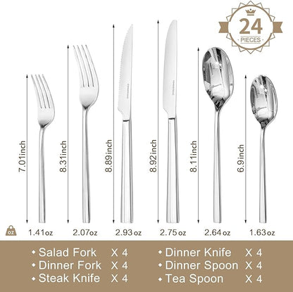 KINGSTONE Silverware Set with Steak Knives, 24-Piece Forged Flatware Set Cutlery Set Premium Stainless Steel, Service for 4, for Kitchen, Home, Wedding, Party, Mirror Polished and Dishwasher Safe