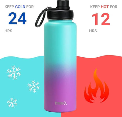 DRINCO Stainless Steel Water Bottle Spout Lid Vacuum Insulated Double Wall Water Bottle Wide Mouth (40oz 32oz 22oz 18oz 14oz) Leak Proof Keep Cold Sport Camping Hiking (40 oz, 40oz Ombre Fuchsia Teal)