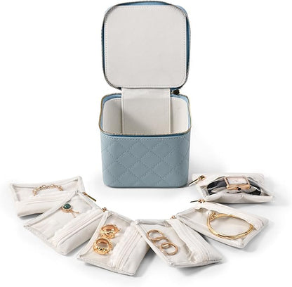 Travel Jewelry Box Organizer - Small Jewelry Case with 6 Small Velvet Zipped Pouches Pockets for Jewelry Necklaces Rings Earrings Storage(Blue)