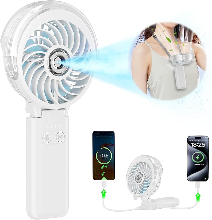 HandFan 5200mAh Upgraded Personal Misting Fan, Rechargeable Handheld Mister Fan, Spray Water Mist Fans, Portable Cooling AC, Electric Mini Hand Fans for Beach Travel Outdoors(White)