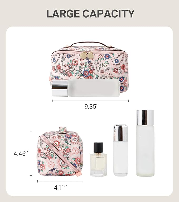 Aveniee Travel Makeup Bag for Women, Large Cosmetic Organizer with Open-Flat Design, Clear Divider & Handle - Waterproof PU Leather Toiletry Case (Floral Pattern)