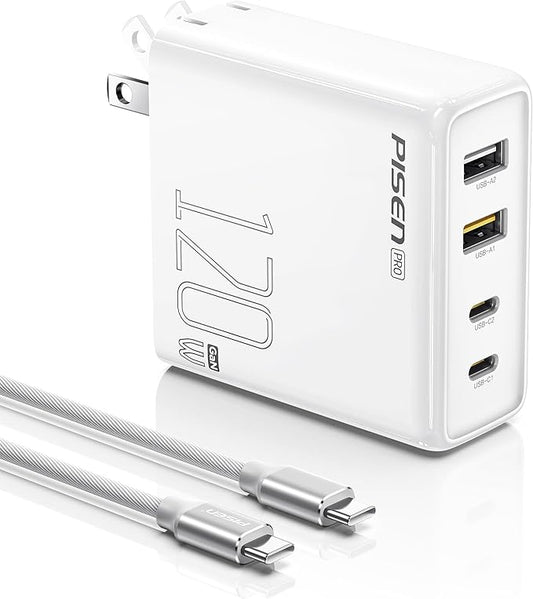 PISEN 120W USB C Charger - 120W 4-Port GaN USB C Charger Block Fast Charging with 6FT USB-C to C Cable, 120W Charger for MacBook Pro/Air, Pixelbook, iPad, iPhone Series, Samsung, Pixel 8, Steam Deck