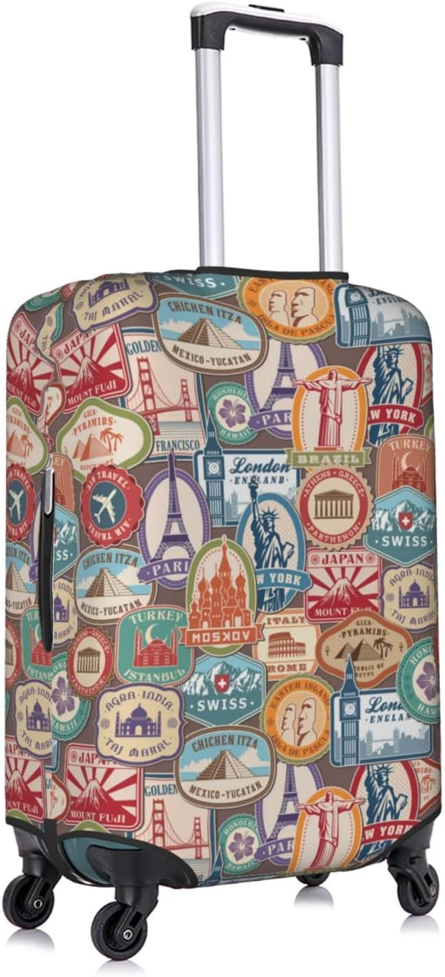 National Landmarks Stickers Luggage Cover Washable Suitcase Protector, Monuments Stamps Stickers Luggage Tag Birthday Gifts (L 26-28 Inch Luggage)