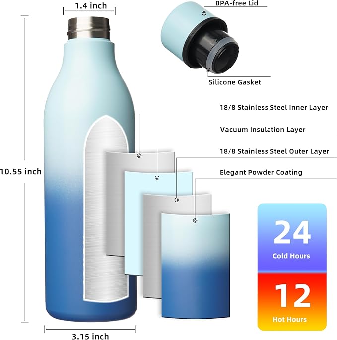 BJPKPK Insulated Water Bottles, 25 oz Stainless Steel Metal Water Bottle with Strap, BPA Free Leak Proof Jugs, Mugs, Flasks, Reusable Thermal Flasks for Sports & Travel, Sky