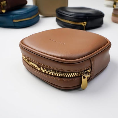 Leather Cosmetic Bag for Women Small Zipper Makeup Bag for Purse Waterproof Travel Makeup Organizer Charger Storage Pouch Color Brown