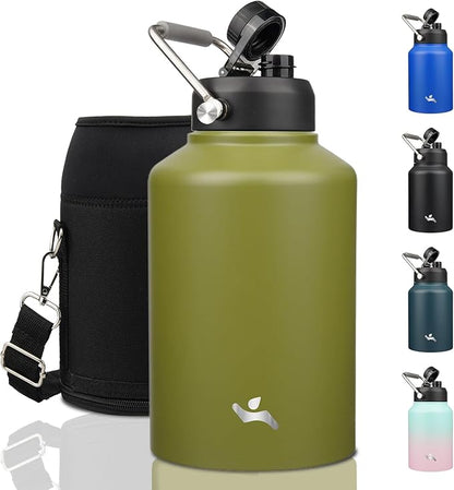 1 Gallon Jug with Handle,128 oz Insulated Water Bottle with Carrying Pouch, Double Wall Vacuum Stainless Steel Metal Bottle,Forest Green