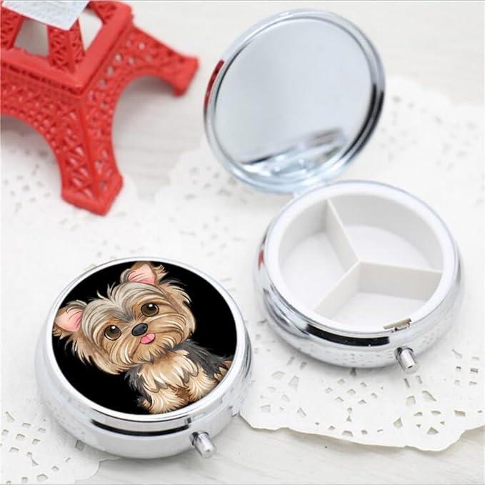 Pill Box,Cute Dog Round Pill Box 3 Compartment Decorative Pocket Purse Portable Mini Travel Medicine Tablet Vitamin Holder Organizer Pill Case