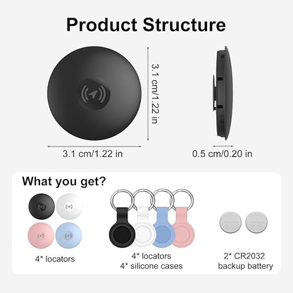 Air Tracker Tags-4 Pack Work with Apple Find My (iOS Only): Bluetooth Tracker with 4 Cases and 2 Replaceable Batteries - Key Finder Item Locator Smart Tag for Luggage Bags Wallet Suitcase