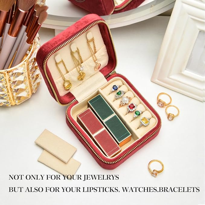 TAIMY Travel Jewelry Case, Small Plush Velvet Jewelry Box for Women and Girls, Portable Jewelry holder organizer for Rings Earrings Necklaces Bracelets(Burgundy)