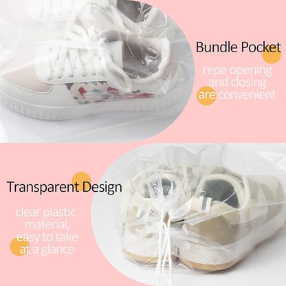 100 Pack 12x18 inch Plastic Drawstring Bags Transparent Shoe Bags for Travel Large Clear Shoes Storage Organizers Pouch with Cotton Draw Strings Shoe Dust Bags