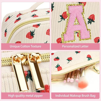 Personalized Travel Makeup Bag Set,Initial Travel Strawberry Makeup Organizer Bag,Toiletry Skincare Cosmetic Bag,Christmas Gifts for Women/Girls,Open Flat Toiletry Pouch with Brush Pocket-P