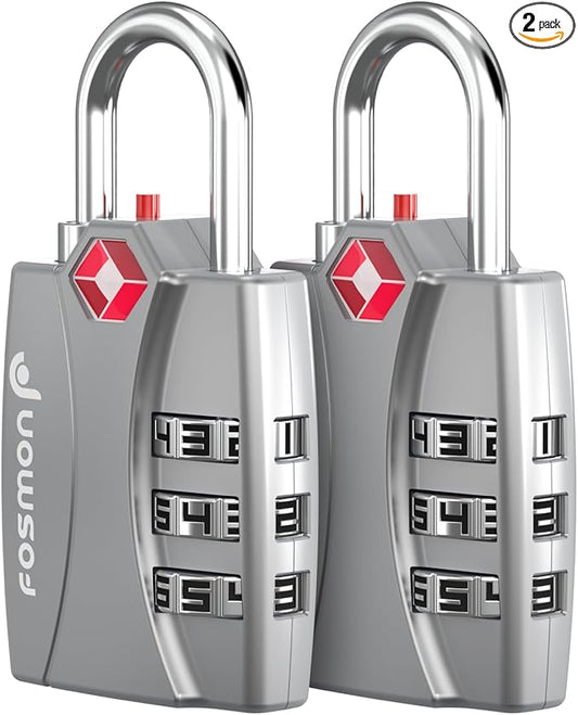 Fosmon TSA Approved Locks for Luggage. Suitcase Locks with Open Alert Indicator, 3 Digit Combination Padlock with Alloy Body for Travel, Backpack Zipper Anti Theft, Locker, Gym- Silver 2 Pack
