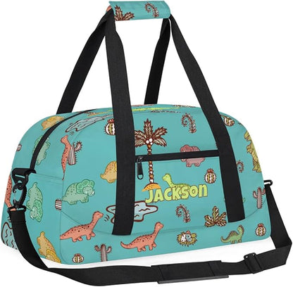 Personalized Duffel Bag for Kids Girls Boys, Dinosaurs Custom Name Gym Bag Overnight with Padded Handles Carry On Weekend Sports Travel Bag for School Practice Gymnastics Ballet