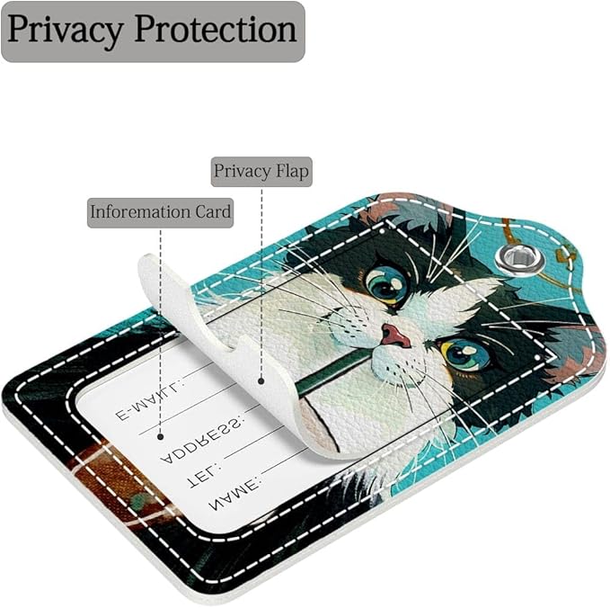 Funny PU Leather Luggage Tags 2-Pack Cat Drinking Coffee Cute Pattern Suitable for Suitcase Stainless Steel Loop and Address Card Essential for Cruise and Airport Travel for Men and Women