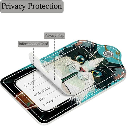 Funny PU Leather Luggage Tags 2-Pack Cat Drinking Coffee Cute Pattern Suitable for Suitcase Stainless Steel Loop and Address Card Essential for Cruise and Airport Travel for Men and Women