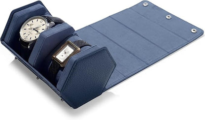 Oirlv Luxury Hexagonal Leather Watch Travel Case Watch Organizer Case for Men Portable Jewelry Storage Roll Organizer(2-Slot,Blue)