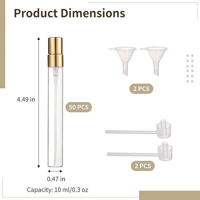 50 Pcs 10 ml Perfume Bottles - Refillable Glass Mini Spray Bottles, Portable Travel Sample Containers, Fine Mist Atomizers with Caps, Includes 2 Funnels and 2 Dispensers, Ideal for Liquids, Gold