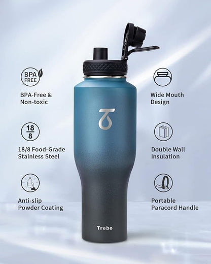 Trebo 40 oz Water Bottle Insulated Fit in Any Car Cup Holder,Triple Wall Vacuum Insulated Water Bottle (Cold for 48 Hrs, Hot for 24 Hrs),Leakproof Stainless Steel Tumbler Flask with Paracord Handle