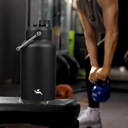 Jug with Handle,87 oz Insulated Water Bottle with Carrying Pouch, Double Wall Vacuum Stainless Steel Metal Bottle,Black