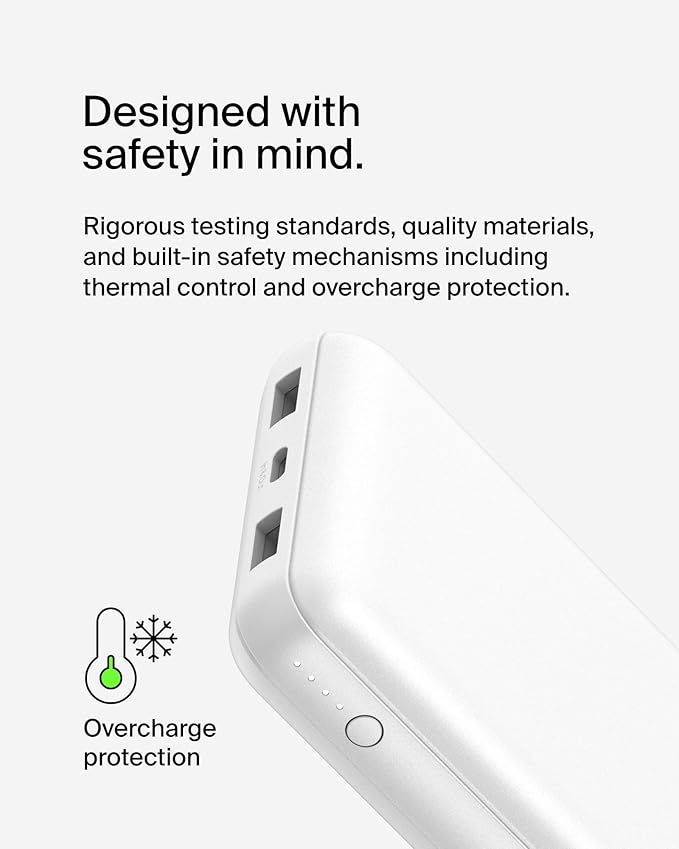 Belkin Portable Charger, USB C Power Bank 20000 mAh w/ 1xUSB-C Port & 2xUSB-A Ports, 15W w/Type-C to Type-A Cable - iPhone 17, Samsung Galaxy S25, Nintendo Switch 2, Google Pixel 10, etc. - White