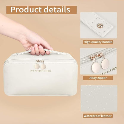 Travel Makeup Bag, Large Capacity Cosmetic Organizer Bags for Women, Waterproof PU Leather Toiletry Bags, Wide Open Flat Makeup Case with Divider and Handle