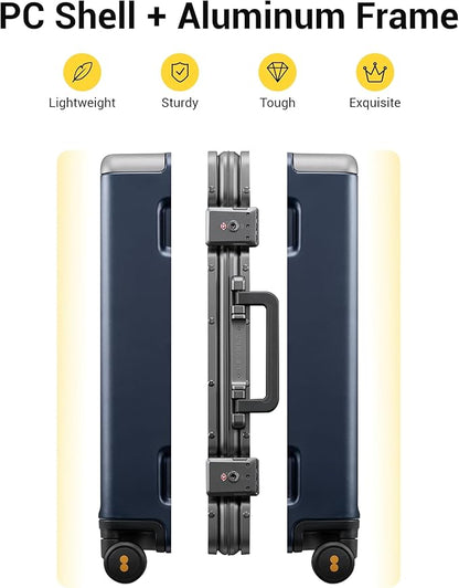 LEVEL8 Carry On Luggage Airline Approved Zipperless with Aluminum Frame, Hard Case Luggage with Spinner Wheels, Metal Travel Suitcase with Double Tsa Locks, 20 Inch, Blue