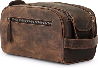 KomalC Leather Toiletry Bag For Men & Women, Handcrafted Buffalo Leather Travel Kit, Water-Resistant Shaving Bag For Men Travel, Premium Rustic Toiletry Pouch with Zipper Closure