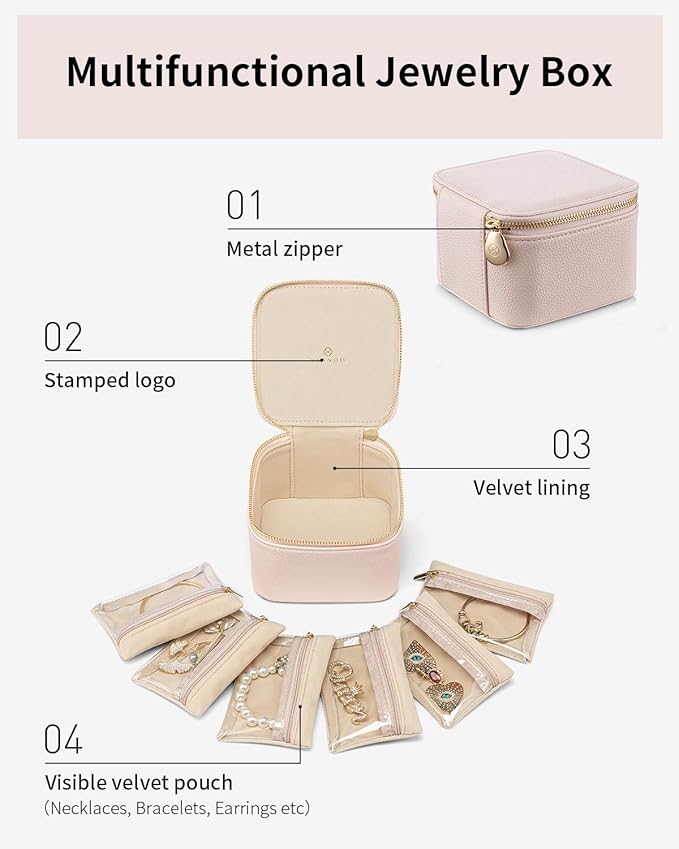 Vlando Gifts for Teachers,Jewelry Box with 6 Velvet Jewelry Bags Travel Jewelry Storage for Women Girl Jewelry Organizer Necklace Rings Earrings Bags Gifts for Women(Pink)