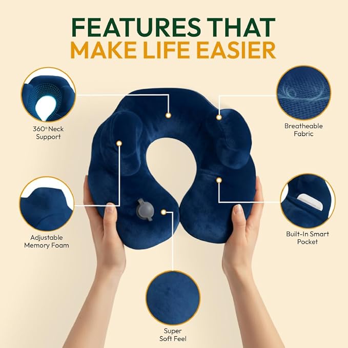 Adjustable Memory Foam Sides Inflatable Travel Neck Pillow | Super Soft, Compact & Portable Neck Support Pillow (Navy Blue, Standard)