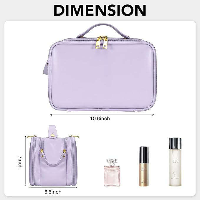 Travel Makeup Bag Women's Large Capacity Cosmetic Portable Organizer Large Opening Waterproof Storage Toiletry Bags Vertical Free-Standing Brush Holder for Easy Access Purple