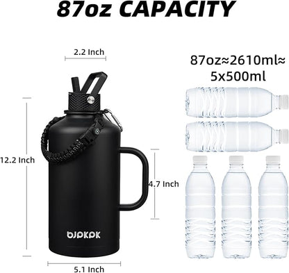 BJPKPK 2/3 Gallon Water Bottle Insulated with Straw Lid, 50oz, 64oz, 87oz, 128oz Large, Stainless Steel Water Bottles with 3 Lids and Paracord Strap, Double Wall Vacuum Metal Water Jug,Black