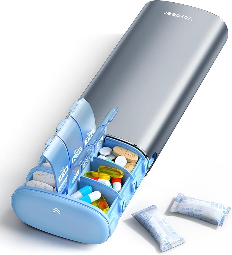 Vaydeer 7 Day Weekly Pill Organizer 2 Times a Day, Metal Am Pm Travel Pill Case, Large Capacity Twice Daily Cute Pill Box for Supplements, Pills, Vitamins and Medication (Gunmetal)