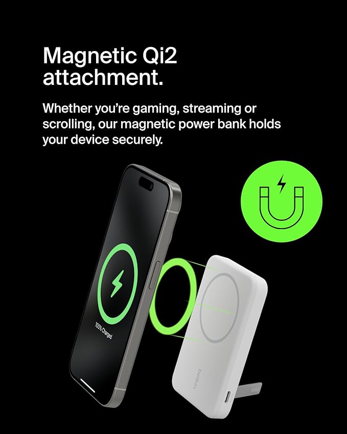 Belkin Portable Charger, Wireless Power Bank 15W 5000 mAh w/ Qi2 - MagSafe Charger w/Built-in Pop-up Kickstand - iPhone 17, Air, Pro, Pro Max, AirPods, Apple Watch, Google Pixel 10, etc. - White