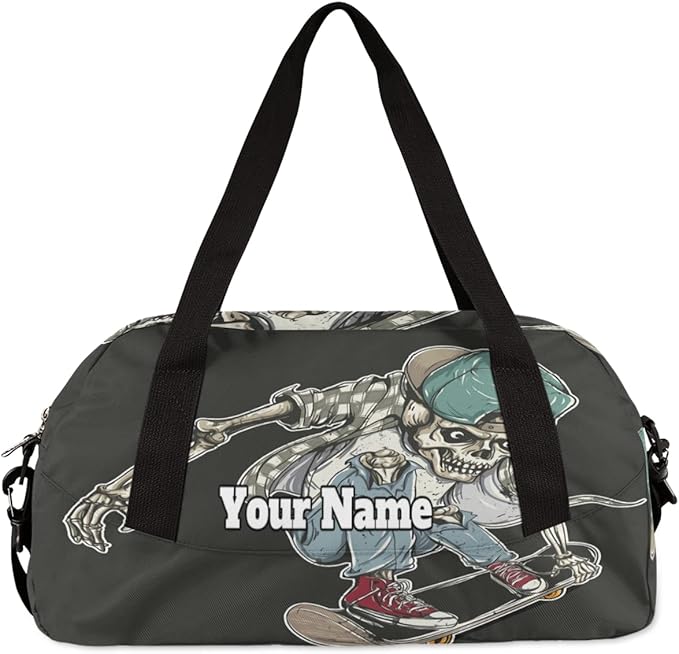 Custom Your Name Cool Human Skeleton Skateboard Personalized Text Gym Duffle Bag for Kids,Sports Bag for Teens Boys & Girls Small Waterproof Overnight Weekender Carry School Practice Travel Bag