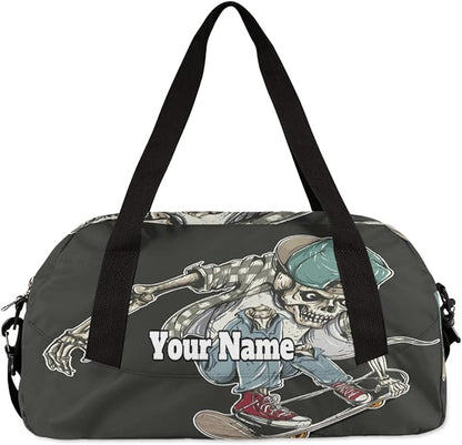 Custom Your Name Cool Human Skeleton Skateboard Personalized Text Gym Duffle Bag for Kids,Sports Bag for Teens Boys & Girls Small Waterproof Overnight Weekender Carry School Practice Travel Bag