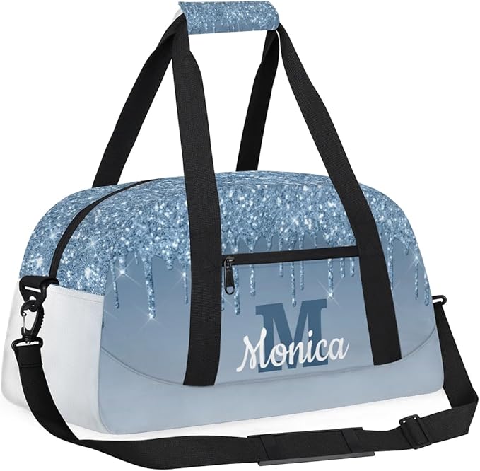 Personalized Kids Sports Duffel Bag with Name Custom Weekender Overnight Bag for Boys Girls Gym Bag Travel Dance Gymnastics Duffel Bag, Cyan Glitter